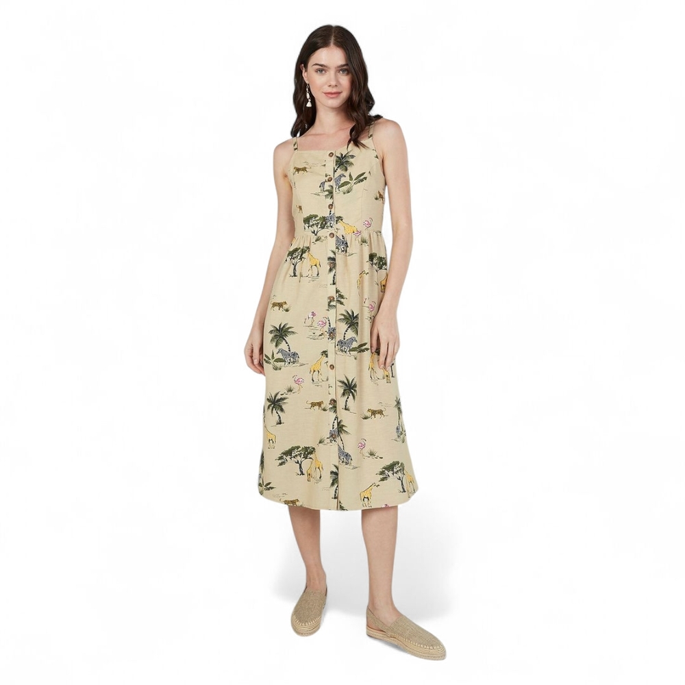 Old Navy Safari Animal Print Linen-Blend Midi Dress‎ S Square-Neck Button Front